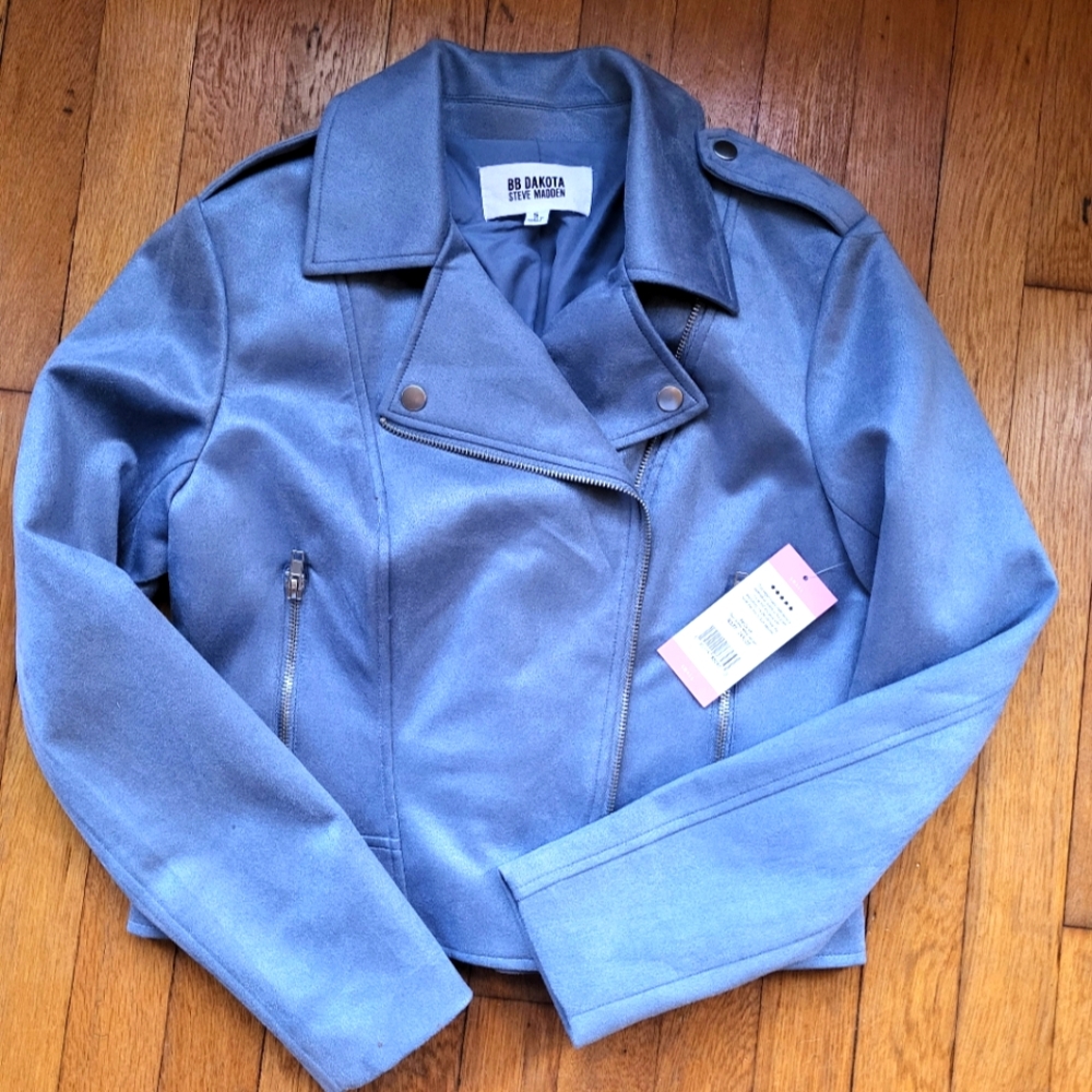 BB Dakota by Steve Madden Light Blue vegan/faux suede moto‎ jacket. Women's XS